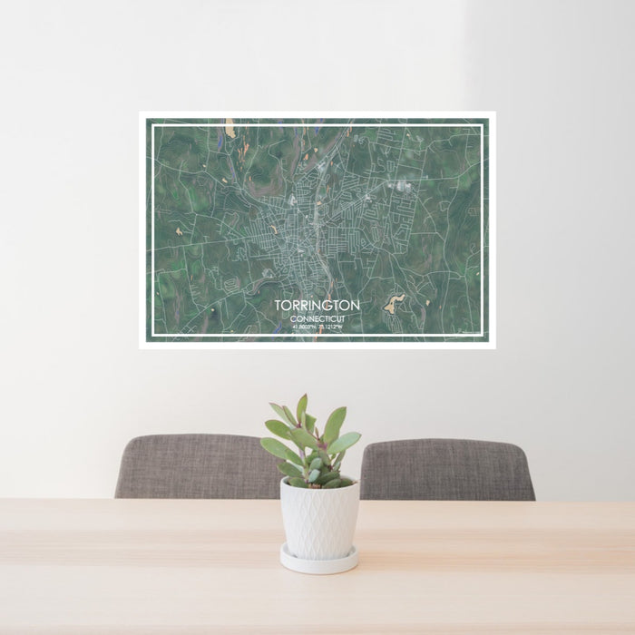 24x36 Torrington Connecticut Map Print Lanscape Orientation in Afternoon Style Behind 2 Chairs Table and Potted Plant