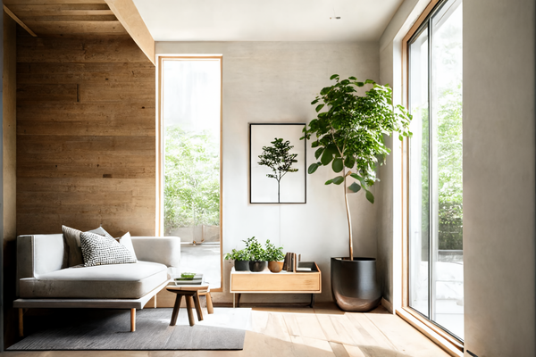 living room with wood elements and plants