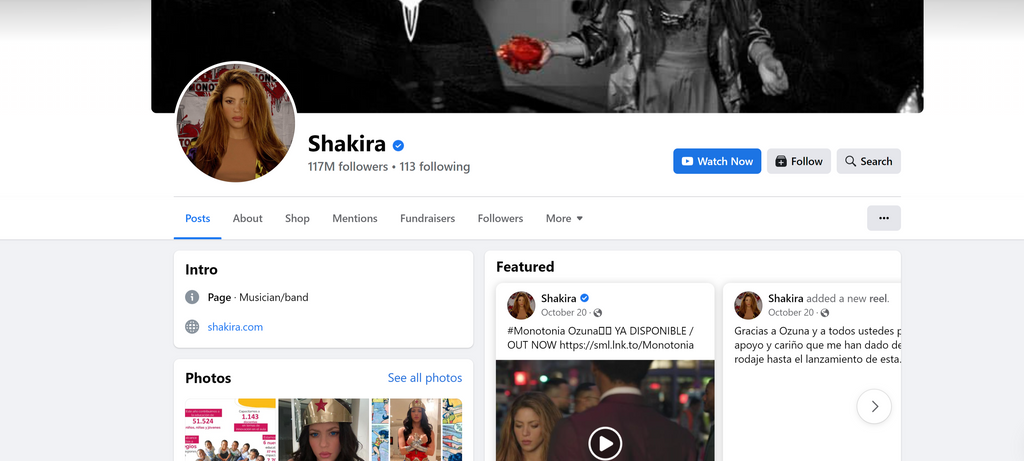 official Facebook page of Shakira