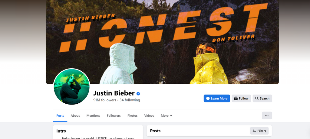 Justin Bieber Facebook page
