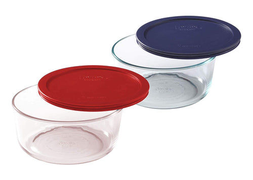 Pyrex Basics Clear Glass Food Storage Dishes, 4 (3-Cup) Oblong Dishes with Turquoise Plastic Lids