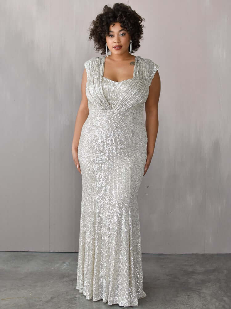 model wearing a shimmery dress