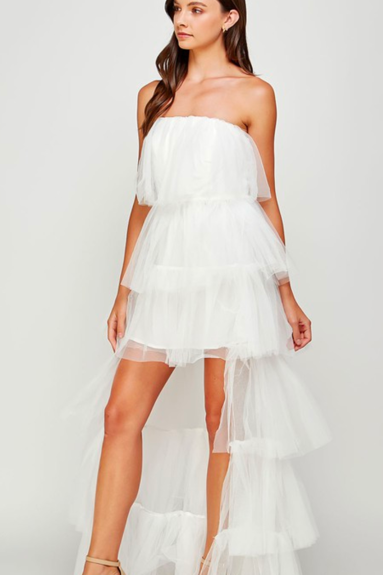 Chloe White Tulle High-Low Maxi Dress