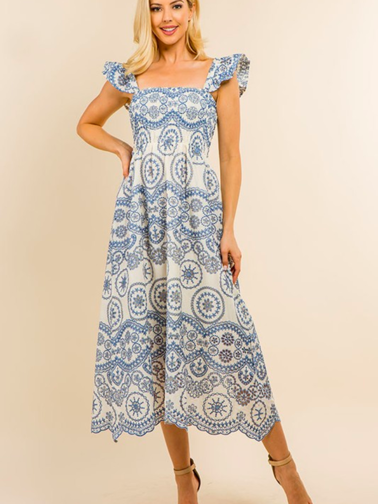 Marisol Blue and White Eyelet Midi Dress