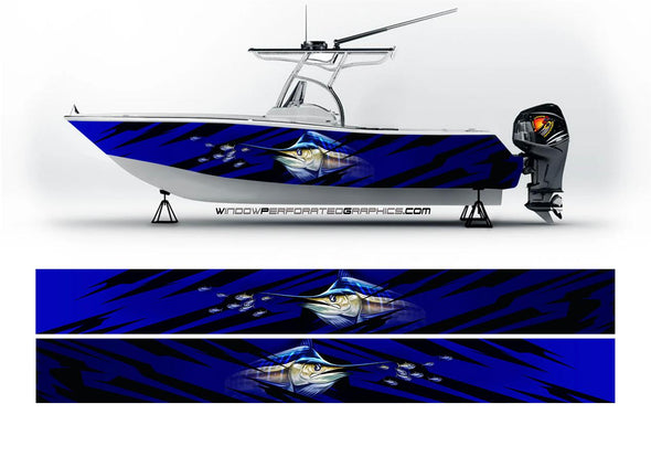 Marlin Fishes Blue Camo Boat Vinyl Wrap Fishing Pontoon Skiff