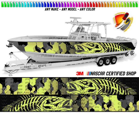 Camo Lime Green Seabass Graphic Boat Vinyl Wrap Decal Fishing Bass