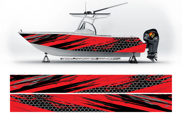 Black and Red Lines Modern Graphic Boat Vinyl Wrap Fishing Bass