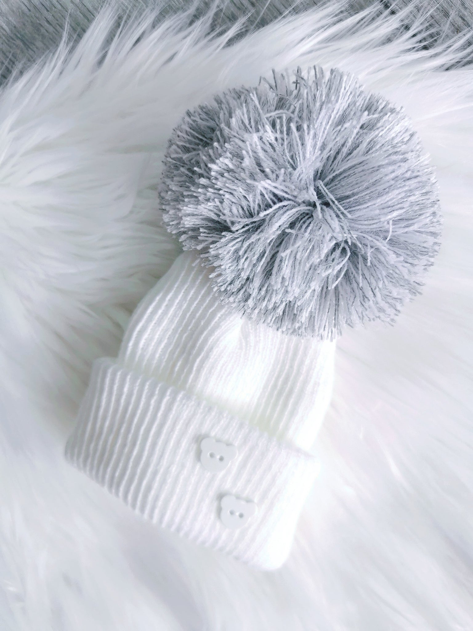 First Size White / Grey Chunky Knit Pom Hat