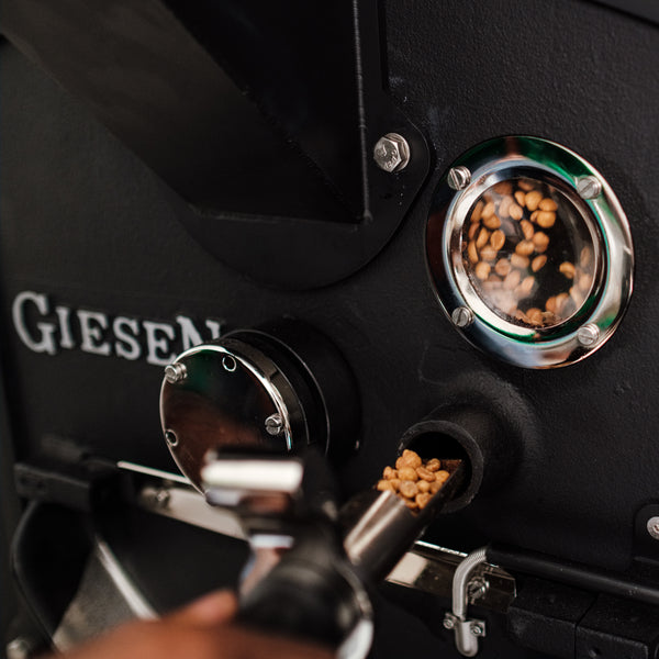 Roasting coffee visible through the sightglass on a Geisen roaster