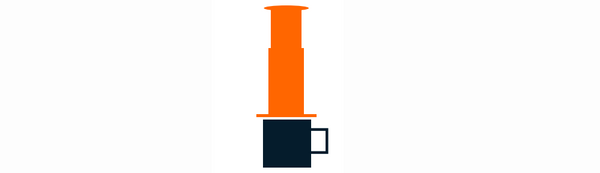 A stylized graphic of an aeropress on a coffee cup