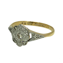 Load image into Gallery viewer, Preowned 18ct Yellow Gold &amp; Platinum Diamond Set Art Deco Style Ring in size J to K with the weight 2.20 grams. This art deco ring is approximately from the 190s to 1930s. The front of the ring is approximately 9mm high
