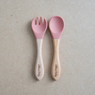 Wooden Silicone Baby Utensils Set (Cool Taupe) – Chlomi Baby