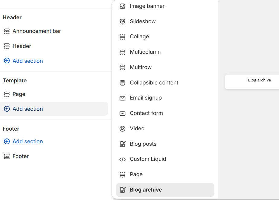 Screenshot of adding Blog Archive section to a page template