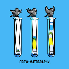 Three cute crows above three test tubes showing a paper chromatography experiment