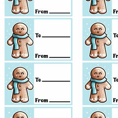 Picture of a grid of printable gift tags of a kawaii cute gingerbread man wearing a blue scarf with snow falling next to two lines for to and from