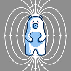 A kawaii cute polar bear standing upright surrounded by magnetic field lines