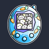 Blue tamagotchi style digital pet with a group of rabbits on the screen and carrots decoration