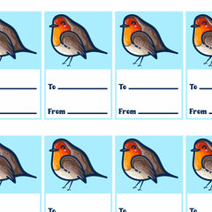Picture of a grid of printable gift tags of a kawaii cute robin bird above two lines for to and from