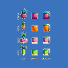 A cute beetroot, carrot, turnip and radish next to square and cube representations of them, in a grid layout with labelled axis.