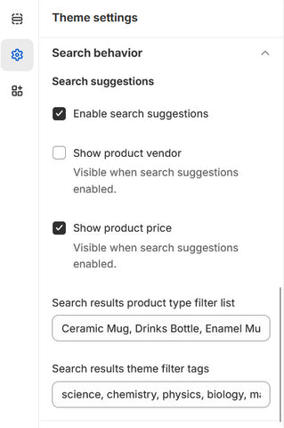 A screenshot of the search behaviour section of Shopify theme settings