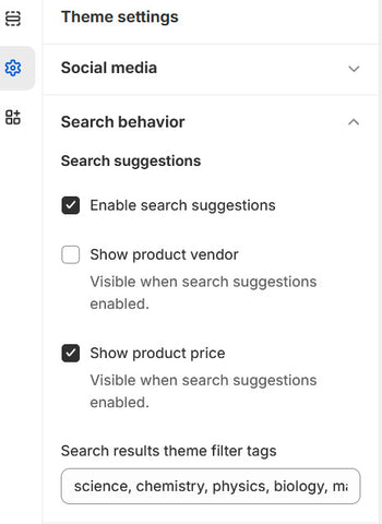 A screenshot of the search behaviour section of Shopify theme settings