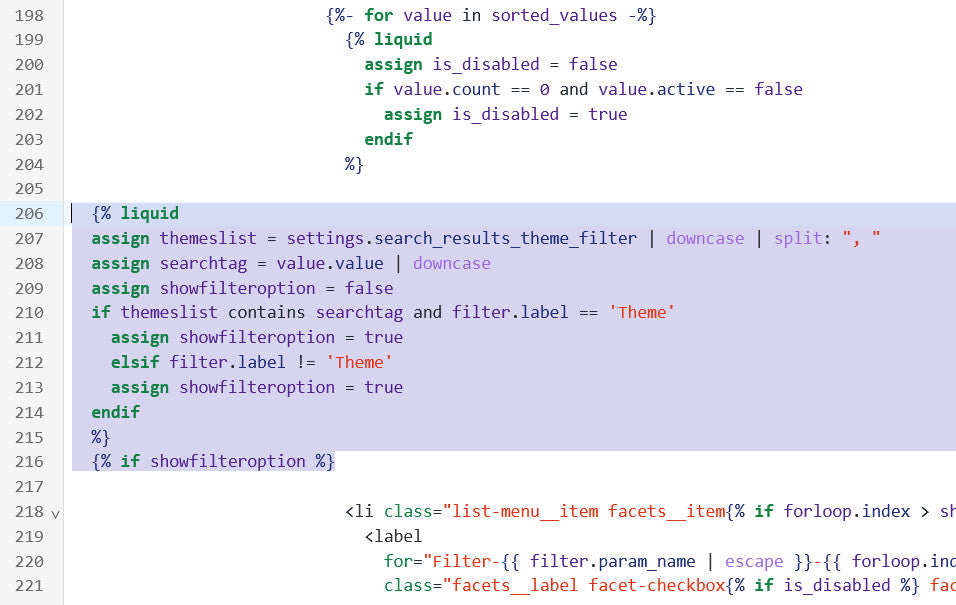 Screenshot showing some lines of Shopify theme code