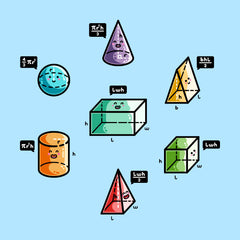 Seven different coloured 3D shapes with happy faces and speech bubbles stating the equation for calculating their volume.