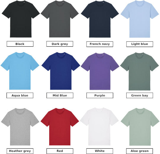 Pictures of 12 different coloured t-shirts with a name of the colour beneath each