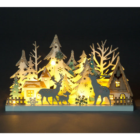 Image of the Snowtime B/O 18cm Table Top Scene with House/Family Stags, available at DeWaldens Garden Centre.