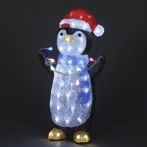 Image of the Snowtime 51cm Acrylic Penguin Holding Lights, available at DeWaldens Garden Centre.