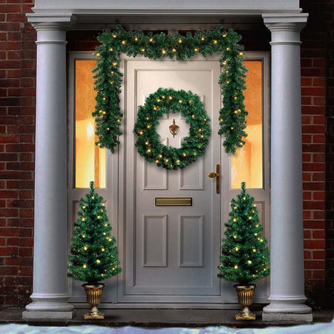 Image of the Premier Christmas Door Set (Outdoor) Pre-Lit Trees, Wreath & Garland, available at DeWaldens Garden Centre.