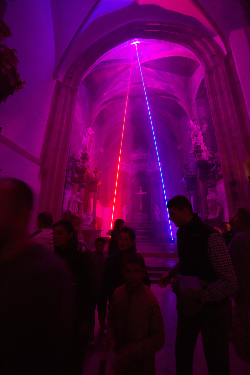 Laser art in church - red and blue lasers