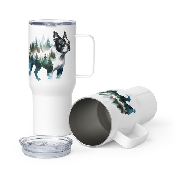 Watercolor Forest Boston Terrier Dog Portrait Travel Mug with a Handle