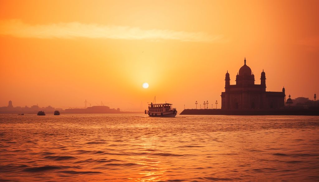 Scenic Mumbai Bay sunset with silhouetted minarets.