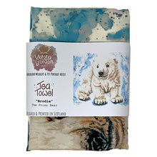 Load image into Gallery viewer, Luxurious Tea Towel, made from thick 100% Cotton and features Victoria Gordon&#39;s beautiful artwork of Brodie the Polar Bear Cub. Each comes with own fabric hanging loop and belly band.   Made in the UK and handprinted by Victoria.  Dimensions: 46.5cm x 69.5cm  Machine Washable and should be ironed on reverse.   Weight: 80g