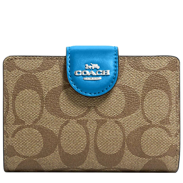 Coach Signature Medium Corner Zip Wallet in Coated Canvas Light Khaki Confetti Pink