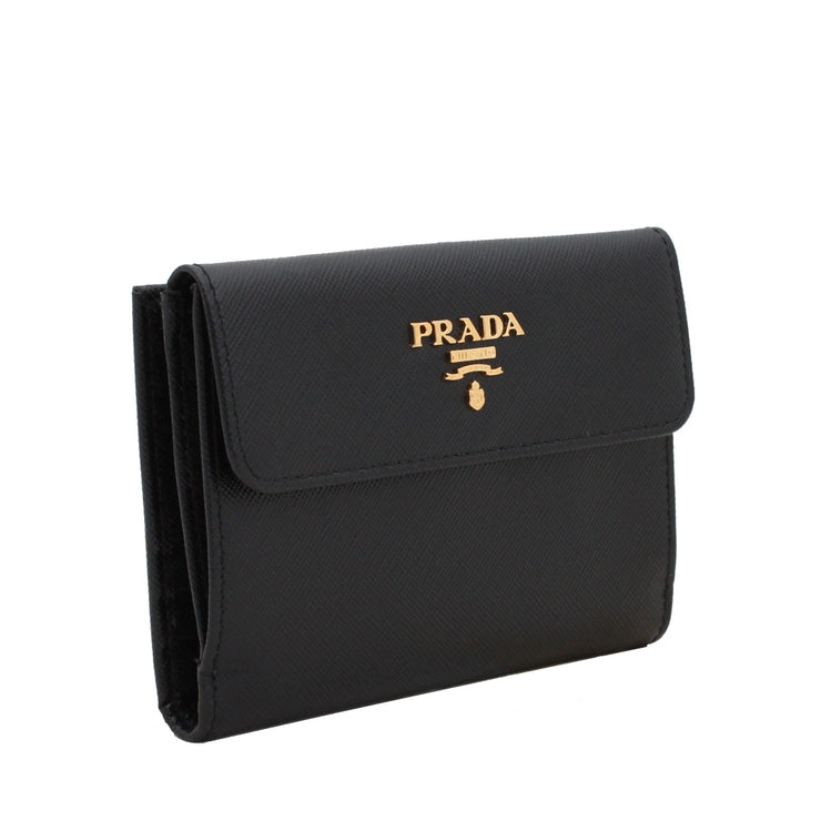 Prada 1M0523 Saffiano Leather French Wallet with Two Snap Closures- Black –  