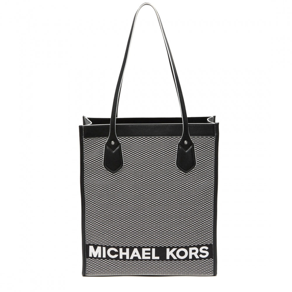Michael Kors Bay Large Woven Canvas Tote Bag- Black/ Optic White ...