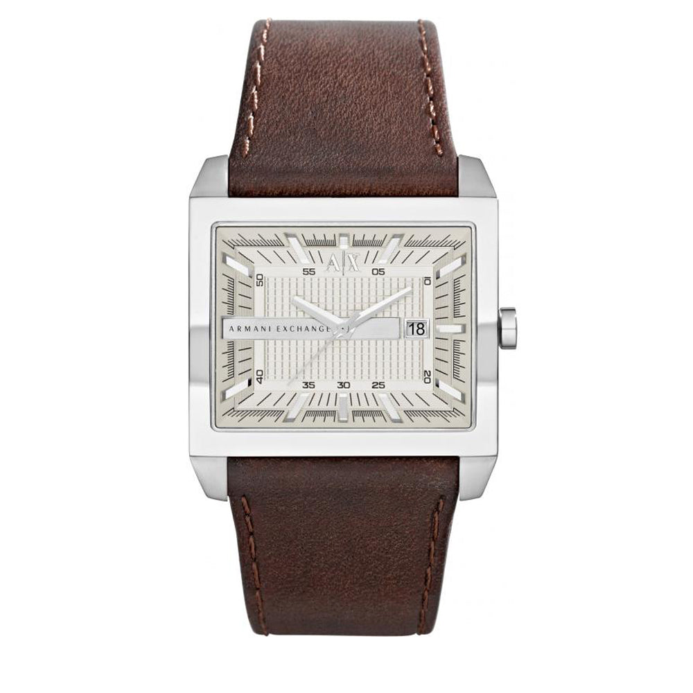 Armani Exchange Watch AX2204 Brown Leather Square Silver Dial Men Watch –  