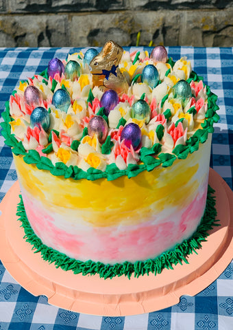 multicolor bunny cake on table