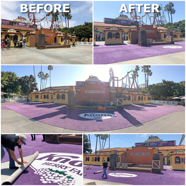 event flooring, custom carpet, custom flooring, branded carpet, branded flooring, floorexp, knottsberry farms, logo carpet, logo runners, event carpet, event design, amusement park, purple carpet, purple flooring, theme park event