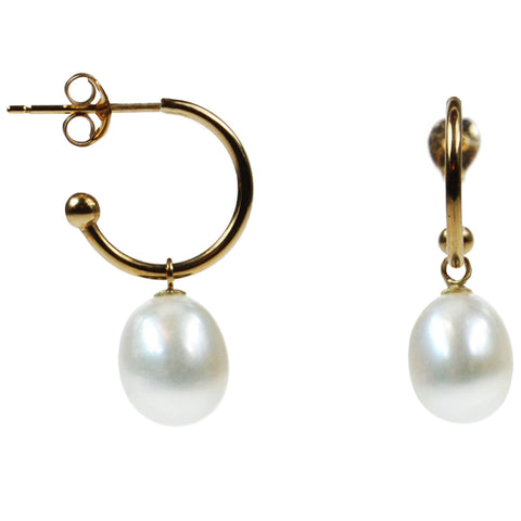Freshwater Pearl Drop Earrings on 18ct Gold Open Hoops in White ...