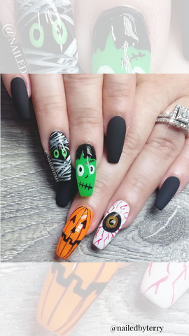 halloween nail design with multiple halloween characters