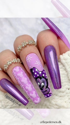 purple acrylic nails with a Minnie Mouse design