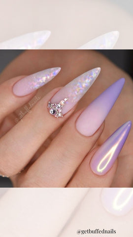 purple acrylic nails with ombre and gems