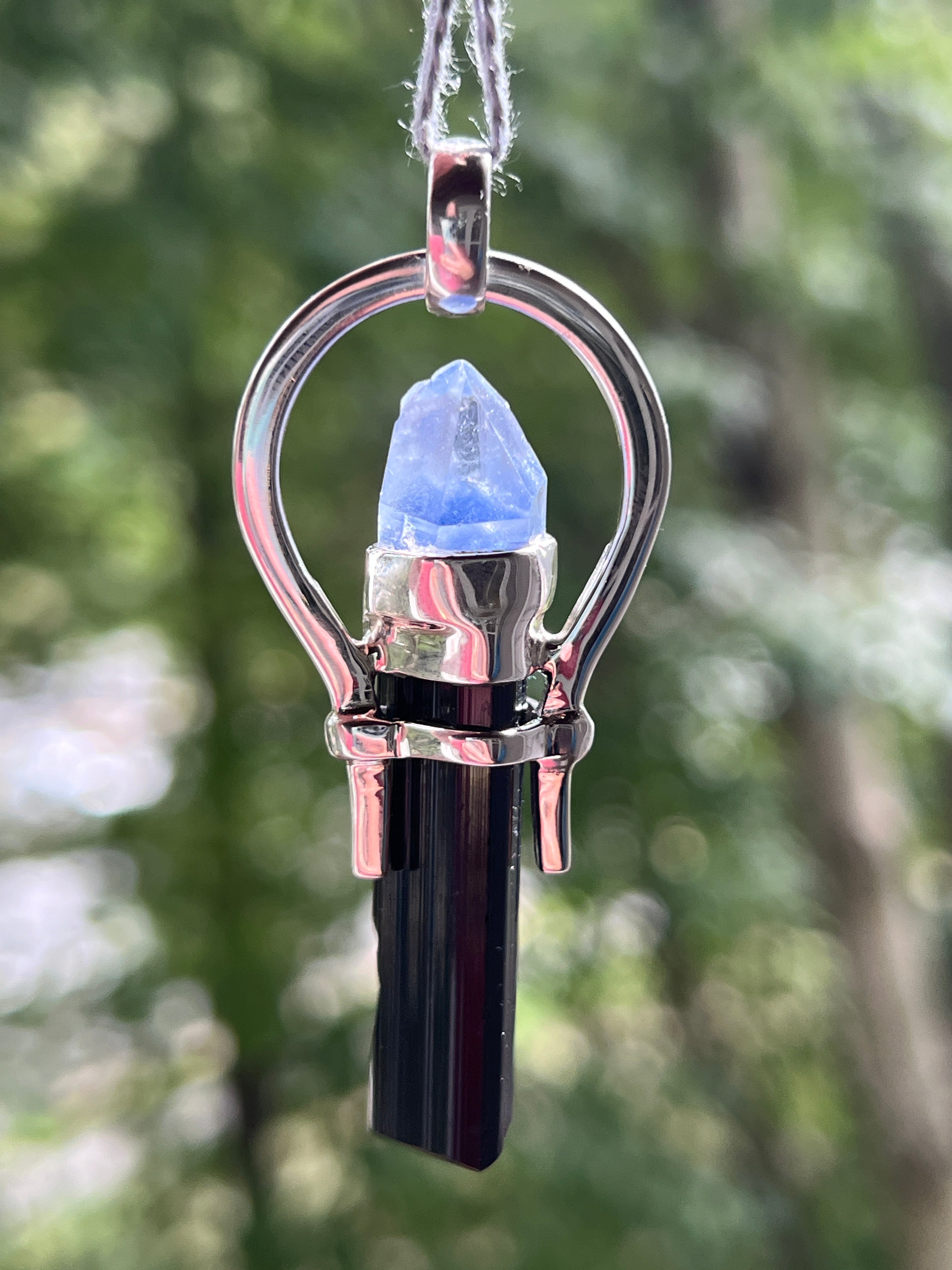 Collectors Drop - Naturally Terminated Black Tourmaline crystal pendant with Dumortierite Quartz
