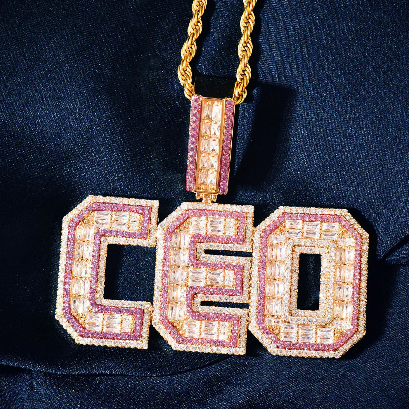 Pink Outlined Baguette Bold Custom Letter Pendant