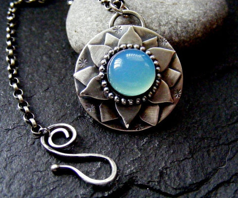 Lotus flower pendant with blue Chalcedony
