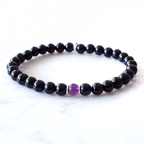 6mm Black Obsidian and Amethyst beads, with occasional ring spacers.