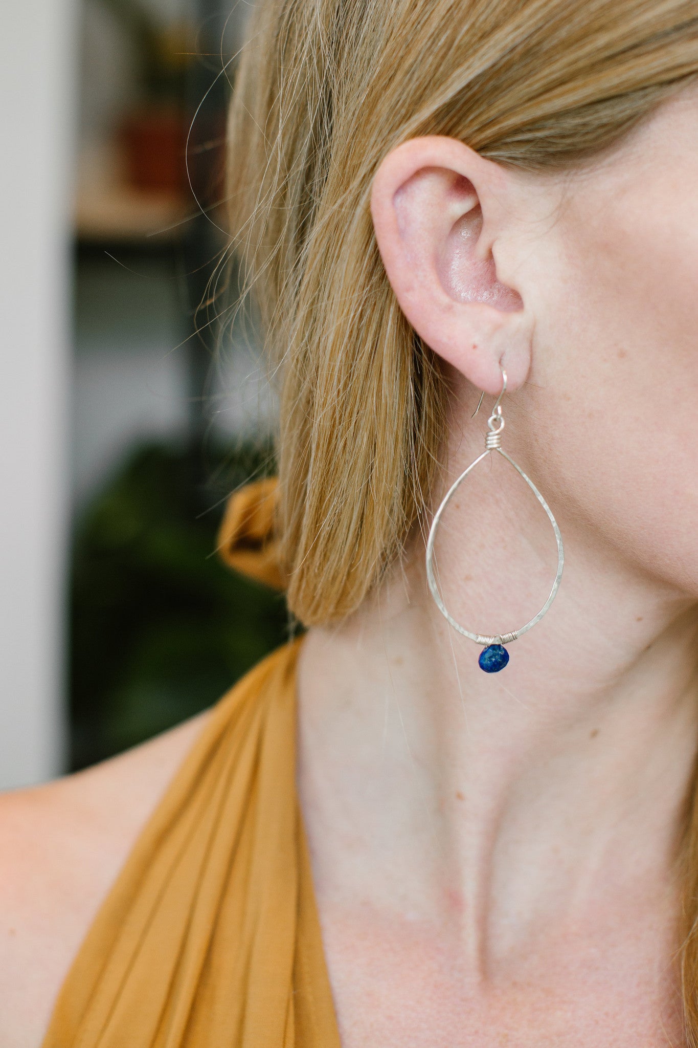 Lapis Drop Stone Hoops